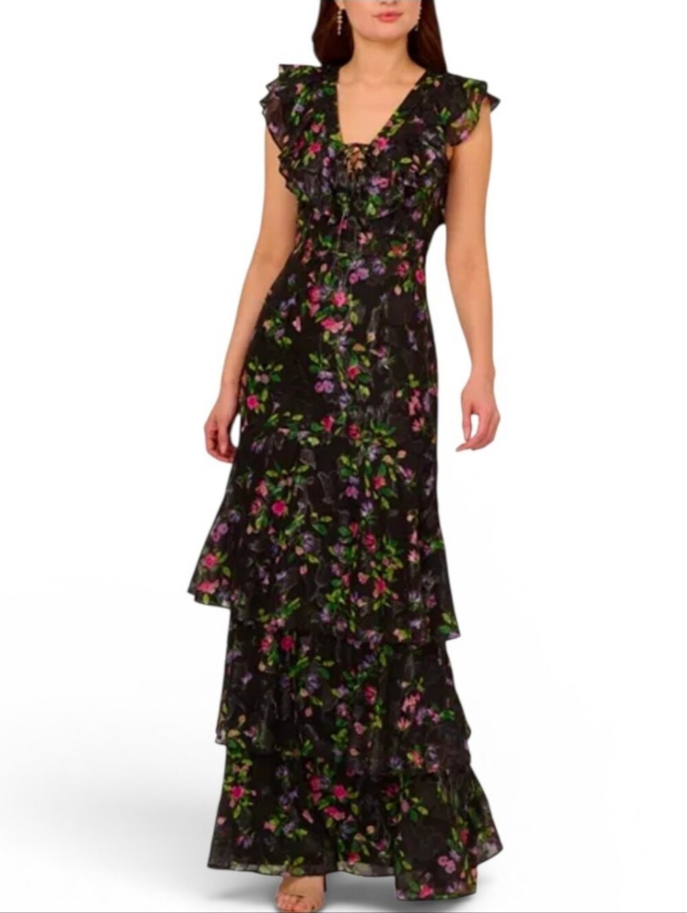 ADRIANNA PAPELL Black Floral Tiered Chiffon Lace Up Neckline Gown - Size 8